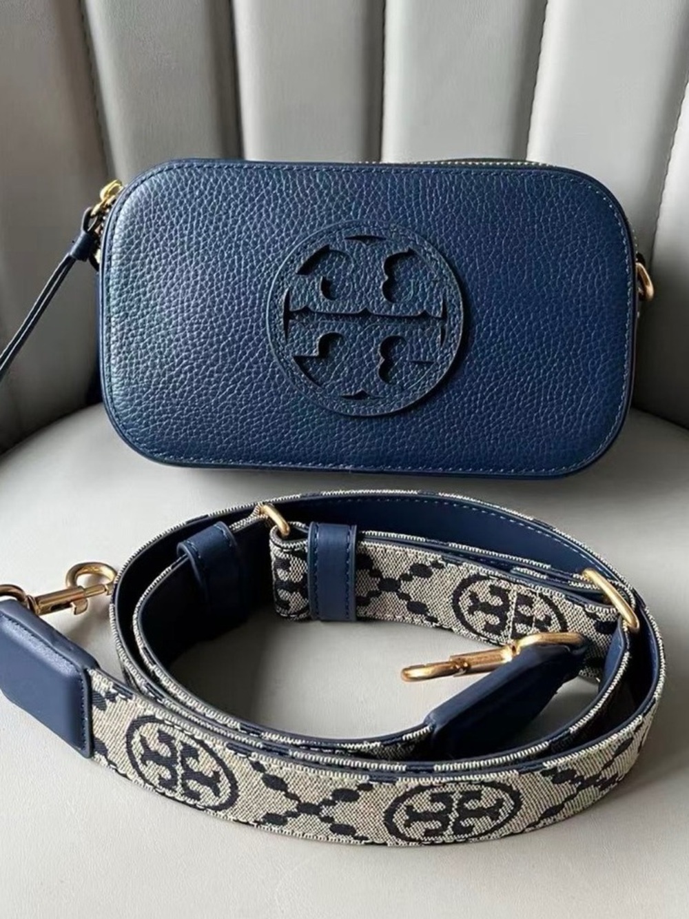 Tory Burch Navy Pebbled Leather Crossbody with Patterned Strap